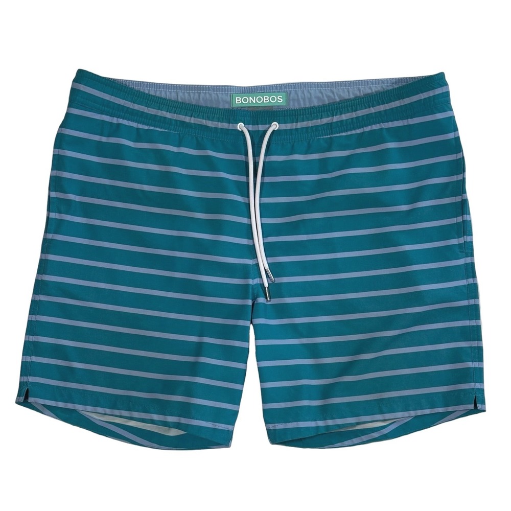 BONOBOS‎ Striped Swim Trunks Men's Size MEDIUM Teal Blue Drawstring Pocket